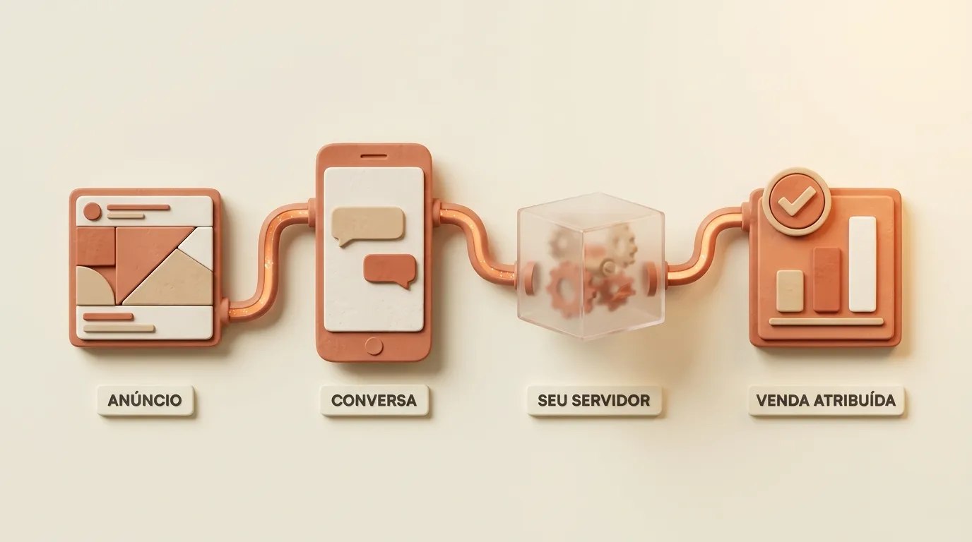 Fluxo do rastreio: anúncio, conversa no WhatsApp, seu servidor e a venda atribuída à campanha